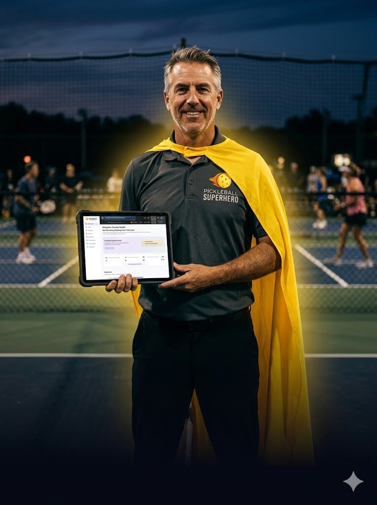 Tournament director with Pickleball Superhero cape on the courts
